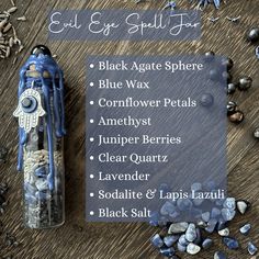 Evil Eye Protection Spell Jar - Nazar Spell Bottle with Amethyst, Sodalite, and Black Agate Ward off negativity and safeguard your space with Moondust & Raven's "Evil Eye Protection Spell Jar." This potent Nazar spell bottle is a protective blend of black salt, amethyst chips, lavender, juniper berries, sodalite chips, and lapis lazuli chips. Crowned with a mesmerizing black agate mini sphere, adorned with a hamsa nazar charm, and sealed with a serene blue wax, this spell jar stands approximatel Protection Spell Jar, Wiccan Crafts, Magic Crafts, Protection Spell