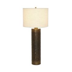 a table lamp with a white shade on top and a brown base, sitting against a white background