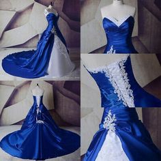 blue and white wedding gowns with hearts on the bust, one is heart - shaped