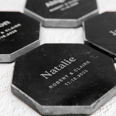 Personalised Engraved Black Octagonal Marble Coaster Wedding Place Card Wedding Place Card, Wedding Coasters, Seating Cards, Marble Coasters, Custom Coasters, Personalized Favors, Wedding Place, Table Arrangements, Wedding Places