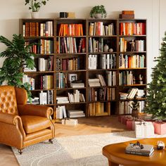 a living room filled with furniture and a book shelf full of books next to a christmas tree