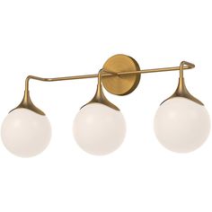 three light brass bathroom fixture with white glass balls