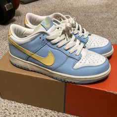 Womens Size 8 Mens 6.5 In Ice Blue, Maize And White. I Got Them In ‘04 When I Was In Middle School, Back When Everyone Always Had Multiple Pairs Of Af1s, Dunks, And Js In Rotation. I Was Never Very Into The Color Way So These Were Worn Fewer Than 5 Times- Some Creasing In The Toebox To Show For It. The Yellowing Outsole Is Just Natural Patina After Almost 20 Years. This Is The Original Box As Well- You Can See The White Outlet Sticker. Pm Isn’t Really The Best Place But Putting Them Out There To See If A Collector Will Appreciate Them More Than I Have Letting Them Sit In My Closet. Guess These Are Considered Vintage At This Point. Womens Nike, Maize, Nike Dunk Low, Dunk Low, Nike Dunk, Nike Dunks, Ice Blue, Womens Shoes Sneakers, 20 Years