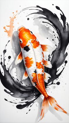 an orange and white koi fish with black spots on it's back side