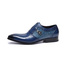 Introducing the LuxePrint Exotic Lace-Up Oxford Brogue Casual Shoes, a symbol of sophistication and style. Crafted with genuine cow leather, these shoes embody luxury and durability. The lace-up closure ensures a secure and comfortable fit, while the pointed toe shape adds a touch of elegance. Elevate your footwear game with these eye-catching shoes that are perfect for any occasion. Experience the breathability and comfort of the genuine leather lining, ensuring all-day wearability. Don't miss out on the opportunity to make a statement with the LuxePrint Exotic Lace-Up Oxford Brogue Casual Shoes. Business Leather Lace-up Shoes With Perforations, Blue Oxford Dress Shoes With Brogue Detailing, Blue Brogue Dress Shoes, Blue Leather Cap Toe Shoes With Brogue Detailing, Blue Lace-up Oxfords For Derby, Blue Lace-up Oxfords For Business, Blue Wingtip Dress Shoes For Office, Blue Oxford Leather Shoes With Plain Toe, Blue Brogue Oxfords With Almond Toe