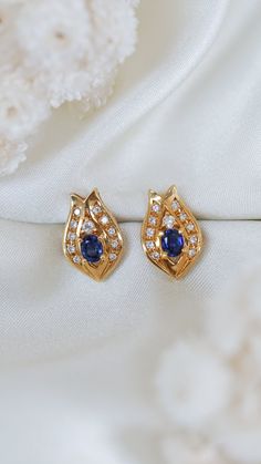 Luxury Sapphire Diamond Earrings In Yellow Gold, Luxury Sapphire Yellow Gold Earrings, Formal Yellow Gold Sapphire Diamond Earrings, Luxury Sapphire Diamond Earrings For Anniversary, Formal Sapphire Diamond Earrings In Yellow Gold, Formal Sapphire Earrings With Ethical Diamonds, Yellow Gold Oval Earrings, Gold Sapphire Diamond Earrings For Anniversary, Anniversary Yellow Gold Sapphire Earrings