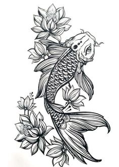 a drawing of a koi fish and flowers