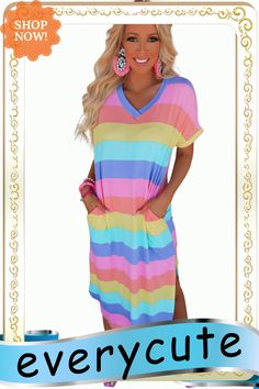 Multicolor Striped Side Split Pockets V Neck T Shirt Midi Dress Casual Multicolor Short Sleeve Dress, Casual Striped Color Block Dress, Casual Colorful V-neck Dresses, Rainbow Short Sleeve Dress For Spring, Casual Short Sleeve Color Block Dress, Casual V-neck Color Block Dress, Casual Rainbow Dresses For Vacation, T Shirt Dresses, T Shirt Midi Dress