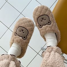 Women's Cute Bear Slippers Soft Plush Flat Shoes with Non-Slip Bottom for Winter Home Wear - White 1,40-41 Winter Non-slip Indoor Slippers, Non-slip Indoor Slippers For Winter, Comfortable Plush Lined Slippers For Loungewear, Comfy Indoor Winter Slippers, Cozy Beige Slip-on Slippers, Warm Indoor Slippers With Round Toe, Indoor Slippers With Plush Lining And Round Toe, Warm Comfy Slippers With Round Toe, Non-slip Closed Toe Winter Slippers