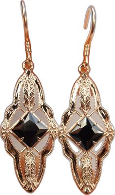 Gold Dangle Jewelry With Black Enamel, Rose Gold Filigree Dangle Jewelry, Formal Black Enamel Dangle Jewelry, Elegant Rose Gold Jewelry With Black Diamonds, Formal Rose Gold Jewelry With Black Diamonds, Victorian Black Earrings For Party, Black Enamel Dangle Jewelry For Formal Occasions, Black Filigree Dangle Jewelry, Gold Jewelry With Black Enamel For Party