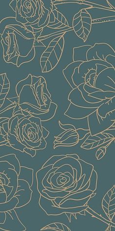 a blue and gold rose pattern with leaves on the bottom right hand corner is an image of several roses that have been drawn in line art nouveau style