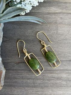 This is a pair of hand crafted earrings with pretty BC jade. Complete with hand crafted fishhook ear wires. 2 1/8" overall.  #beadedartbyv #beadedearrings #beadedjewelry #HandCraftedJewelry #artisanjewelry #artisanmade #bcjadeearrings Jade Beaded Earrings With Ear Wire As Gift, Jade Beaded Earrings With Ear Wire For Gifts, Jade Beaded Earrings As Gift, Adjustable Jade Beaded Earrings As A Gift, Wire Wrapped Jade Earrings As Gift, Jade Wire Wrapped Earrings For Gifts, Adjustable Wire Wrapped Jade Earrings, Green Adjustable Earrings With French Hook, Green Earrings With French Hook And Adjustable Fit