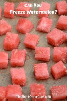 watermelon cubes on a baking sheet with the words can you freeze watermelon?