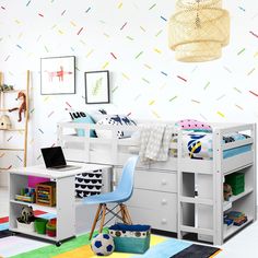 a child's bedroom with white furniture and colorful rugs on the floor in front of a wall decorated with sprinkles