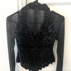 Nwt Tadashi Black Sheer/Beaded Long Sleeve Evening Blouse. Never Been Worn Size S Sheer Fitted V-neck Blouse, Evening V-neck Top With Sheer Sleeves, Sheer V-neck Blouse For Party, Sheer Sleeves V-neck Blouse For Party, Party V-neck Blouse With Sheer Sleeves, Party Blouse With Sheer Sleeves And V-neck, Fitted Mesh Top With Lace Detail For Party, Fitted Lace Mesh Top For Party, Fitted Mesh Top With Lace For Party