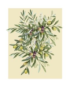 an olive tree with green leaves and white flowers on the branches, painted in watercolor