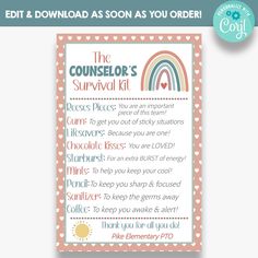 a printable poster with the words,'the rainbows survival kit'and an image