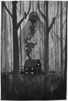 a black and white drawing of a house in the woods with an evil looking face