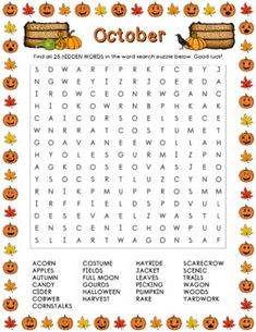 a halloween word search with pumpkins and leaves on the bottom, and an image of a