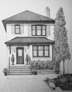 a drawing of a house with steps leading to the front door