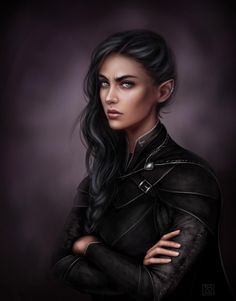 a painting of a woman with long black hair wearing a leather jacket and holding her arms crossed