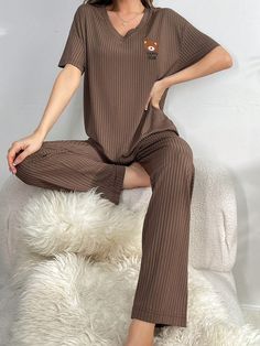 Women's Cartoon Bear Embroidery Pajama Set Coffee Brown Casual-Woman    Cartoon Pant Sets Medium Stretch All Women Sleep & Lounge, size features are:Bust: ,Length: ,Sleeve Length: Night Pants For Women, Nightsuits For Women, Brown Pajamas, Cute Pajama Outfits, Classy Loungewear, Cute Beach Outfits, Bear Embroidery