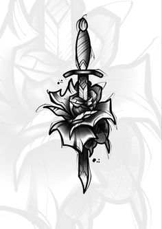 a black and white drawing of a dagger with roses on it's side, surrounded by leaves