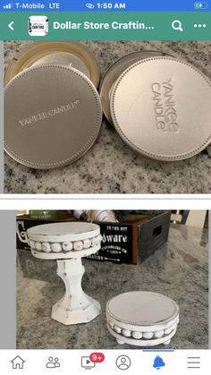 two pictures of different types of cake pans on a counter top, one with the word dollar store craftin