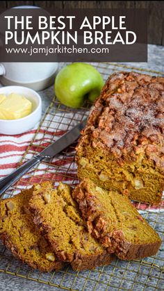 Moist apple pumpkin bread fall recipe Pumpkin Apple Bread Recipe, Pumpkin Apple Loaf Recipe, Apple Pumpkin Bread Recipe, Pumpkin And Apple Recipes, Harvest Apple Bread, Apples And Pumpkins, Pumpkin Applesauce Bread, Healthy Fall Bread, Pumpkin Apple Loaf