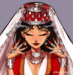 a drawing of a woman wearing a red and white wedding dress with jewelry on her head