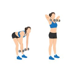 a woman doing squats with dumbbells in front of her and behind her