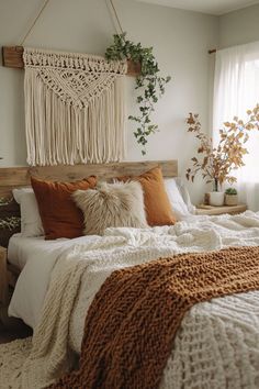 Bedroom wall adorned with a woven tapestry in warm, autumnal colors. Boho Autumn Decor, Modern Farmhouse Bedrooms, Halloween Bedroom Decor, Layered Bedding, Neutral Bedroom Decor, Halloween Bedroom, Sophisticated Bedroom