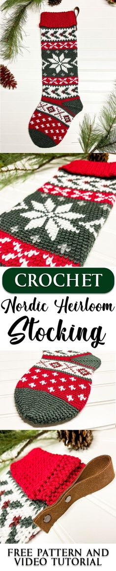 A Free Crochet Pattern for a Christmas Stocking. The Nordic Heirloom Stocking is full of traditional fair isle colorwork and will produce a generous sized stocking. Crochet Stocking Pattern Free, Stocking Pattern Free, Fair Isle Crochet, Crochet Christmas Stocking Pattern, Crochet Holiday, Crochet Stocking, Crochet Christmas Stocking, Crochet Xmas, Christmas Stocking Pattern