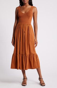 A ribbed bodice and poplin skirt bring eye-catching appeal to this midi dress fashioned in a fit-and-flare silhouette. V-neck Sleeveless 55% rayon, 45% nylon with 55% cotton, 42% nylon, 3% elastane contrast Dry clean Imported Poplin Skirt, Astr The Label, Rust Dress, Nordstrom Dresses, Fit Flare Dress, Fit & Flare, Flare Dress, The Label, Fit And Flare