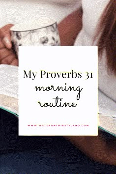 a woman reading a book and holding a cup with the words my proverbs 31 morning routine