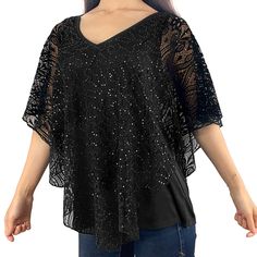 Color: Black Three quarter length sleeve V-Neck Body lined/Sleeve unlined Soft stretchy floral lace with sequin glitter Comfortable to wear Nylon/spandex Imported Lace Capelet, Lace Poncho, 1920s Flapper Dress, Diy Fashion Clothing, Simple Blouse, Neckline Designs, Formal Looks, Black Glitter, Three Quarter