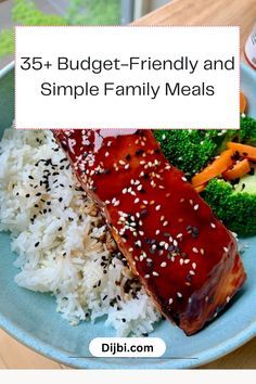 a plate with rice, broccoli and meat on it that says 5 + budget - friendly and simple family meals