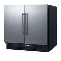 a stainless steel double door refrigerator freezer