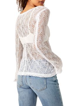 This full-of-charm top is crafted from lovely lace with airy side vents. 25 1/2" length (size Medium) Jewel neck Long sleeves 96% polyester, 4% elastane Hand wash, line dry Imported Stretch Lace Mesh Top, Feminine Long Sleeve Open Knit Top, Crochet Lace Blouse For Vacation, Vacation Crochet Lace Blouse, Lace Trim Vacation Tops, White Crochet Top With Lace Sleeves For Spring, Spring Lace Mesh Top For Layering, Elegant White Crochet Top With Lace Sleeves, White Stretch Top With Lace Trim