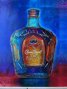 a painting of a glass bottle with the word crown royal on it's side