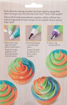 the instructions for how to decorate cupcakes with icing and piping tips