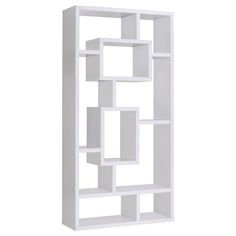 a white book shelf with four cubes on each side and one in the middle