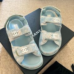 Brand New In Box Authentic Chanel Velour Dad Sandal. Purchased In Italy. Special Edition, Rare Color. Going For More Than 2200 On Other Sites. Sold Out Through Chanel. Thee Most Beautiful Chanel Dad Sandal Designer Blue Slip-on Sandals, Designer Blue Sandals With Round Toe, Silver Sandals Heels, Dad Sandals, Chanel Camellia, Logo Shoes, Chanel Sandals, T Strap Flats, Ankle Strap Sandals Heels