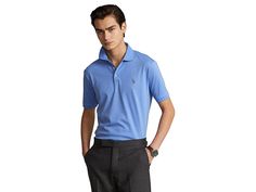 Polo Ralph Lauren Classic Fit Soft Cotton Polo Shirt - Men's Clothing : Harbor Island Blue : Style and comfort reign supreme in this Polo Ralph Lauren Classic Fit Soft Cotton Polo Shirt. This classic-fit polo is crafted from a soft, premium cotton knit for effortless weekday-to-weekend wear. A Classic-Fit shirt in a comfortable, relaxed silhouette. Ribbed fold-over collar. Short sleeves with trim. Three-button placket front. Signature embroidered pony at left chest. Straight hem with side vents. Classic Spring Polo Shirt For Golf, Classic Relaxed Fit Polo Shirt For Golf, Classic Solid Color Golf Tops, Classic Relaxed Fit Polo Shirt For Work, Classic Blue T-shirt For Work, Classic Blue T-shirt For Casual Work, Solid Cotton Golf Top, Fitted Casual Polo Shirt With Spread Collar, Classic Relaxed Fit Tops For Golf