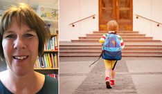 a woman walking down the street with a backpack on her back and an image of a young boy in school uniform