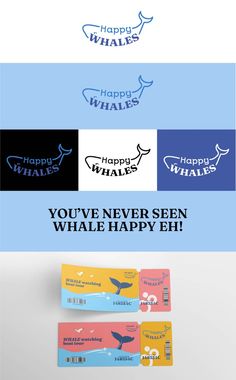 three different types of whale logos with the words happy whale on each one and an image of