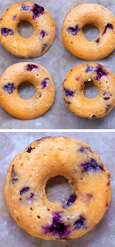 blueberry donuts are on the baking sheet before and after being baked