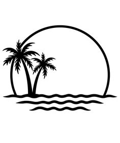 two palm trees in the ocean under a large sun with waves and water around them