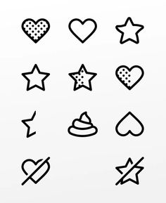 different shapes and sizes of stars on a white background, including hearts, stars, and other