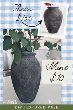 a vase with some plants in it on a table next to a blue and white checkered background